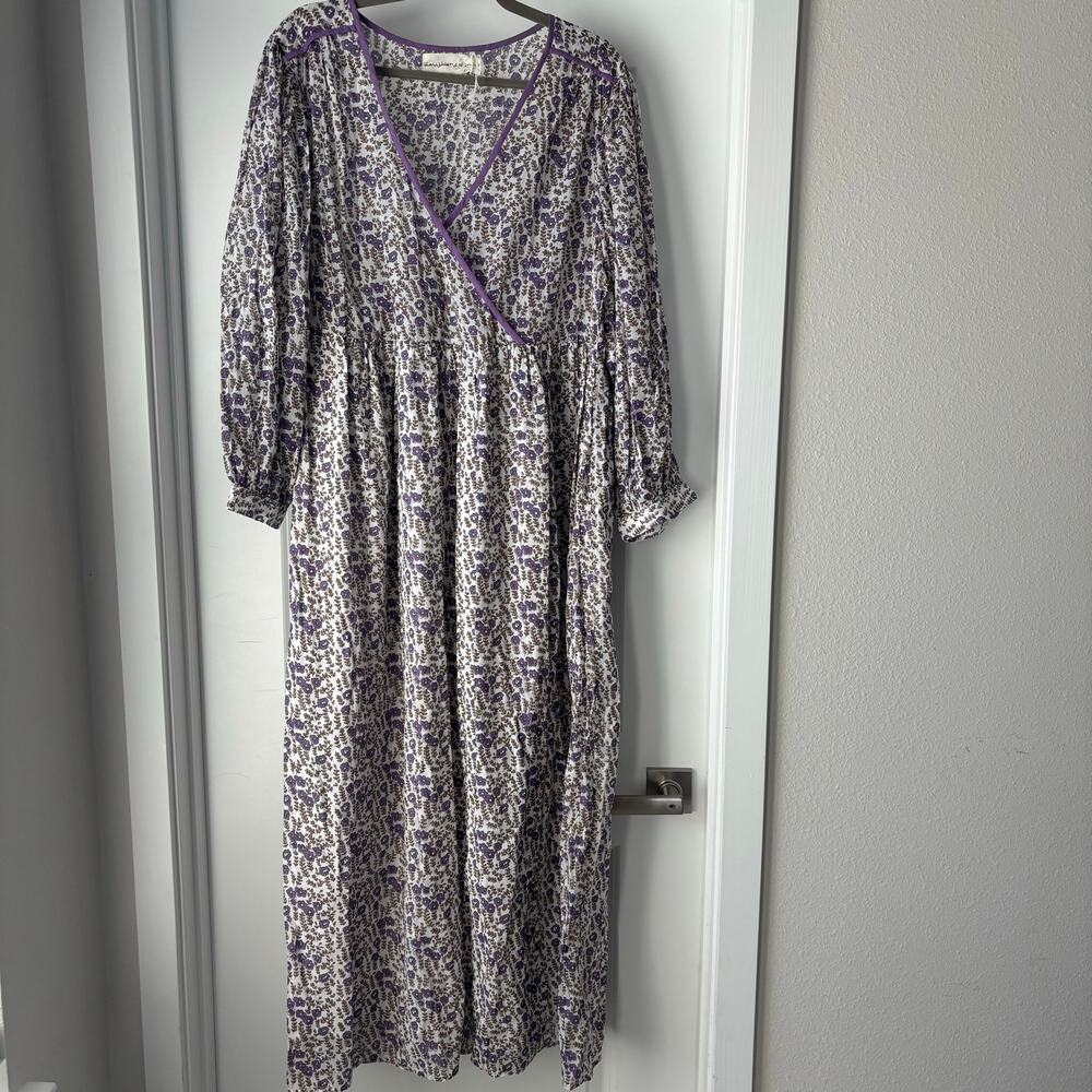 Daughters of India Purple Floral 100% Cotton Maxi Dress Boho Cottage Natural XL - Picture 2 of 7